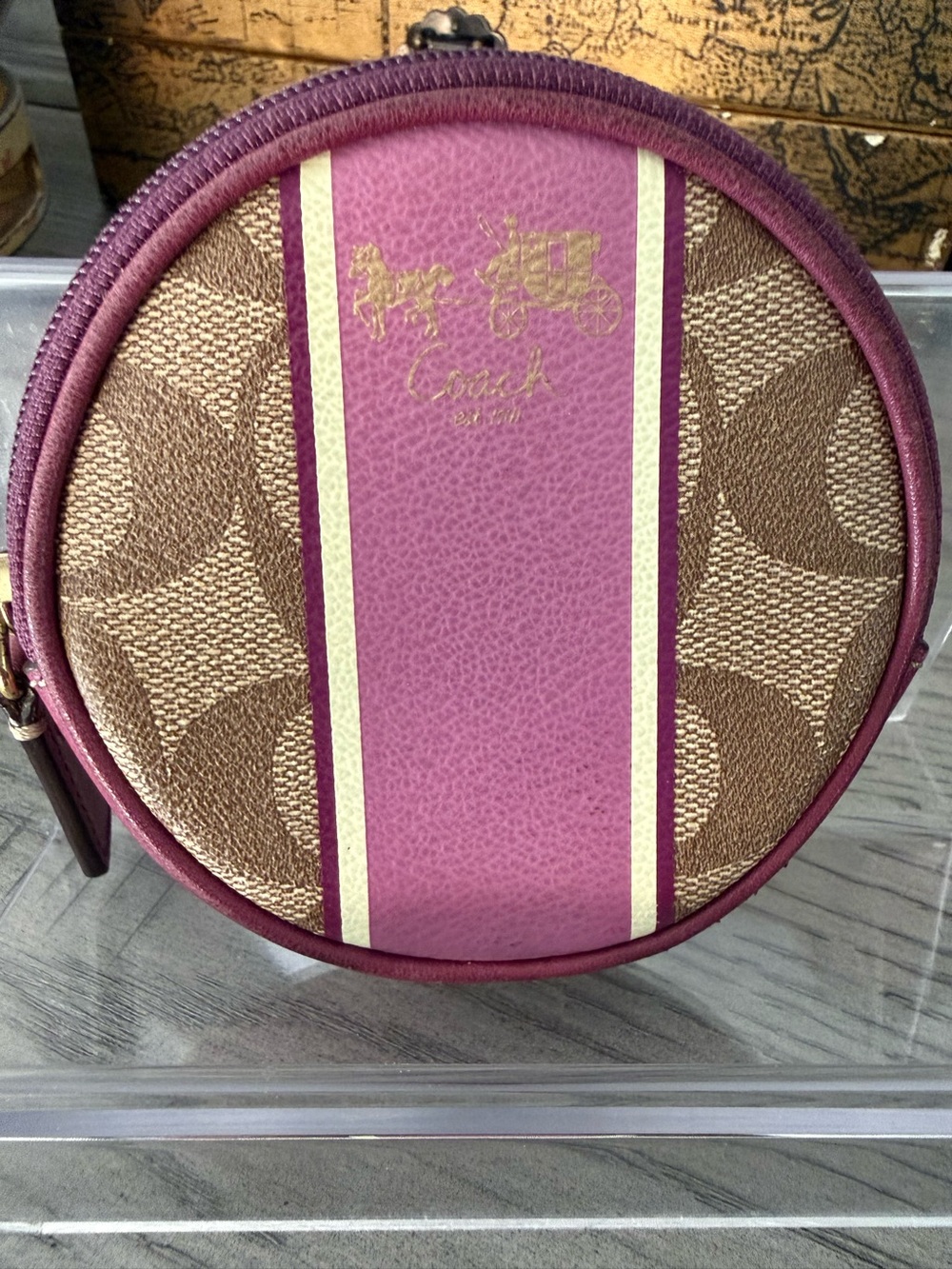 Coach Plum Stripe Signature Round coin purse with Tattersall Lining NWOT